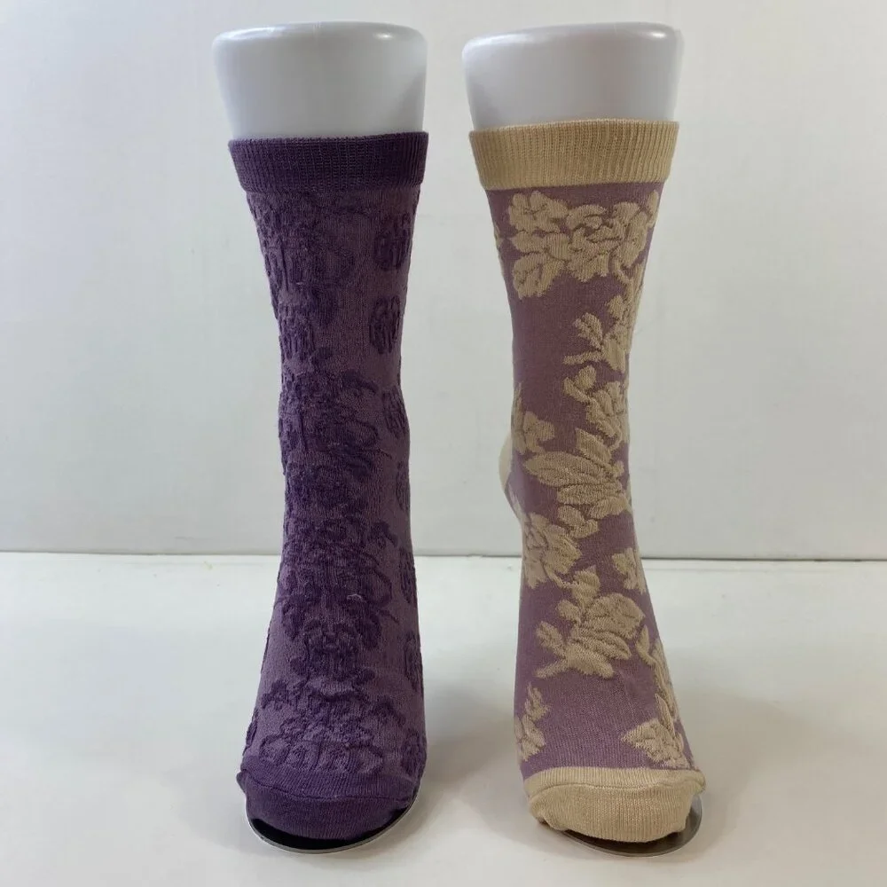 Womens Floral Crew Socks 2 Pack Ribbed Cuff Purple Beige